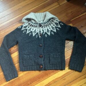 Vintage J. Crew “Hand-knit” Medium Charcoal and Cream leather button Cardigan